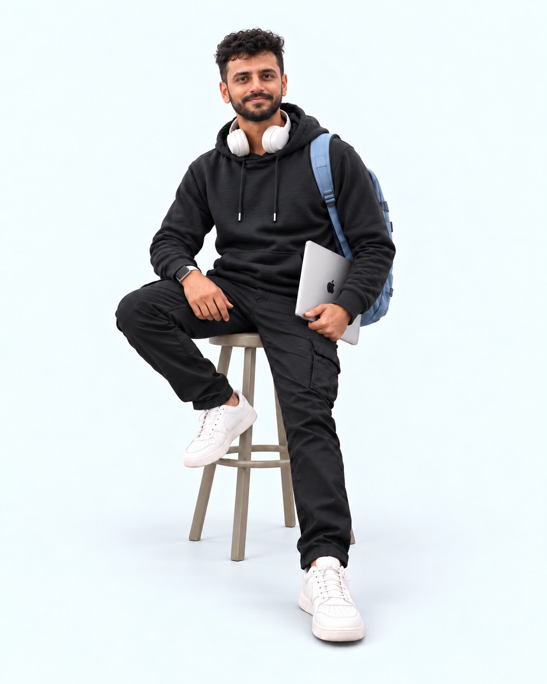 Harish in a black hoodie sitting on a stool, smiling at the camera