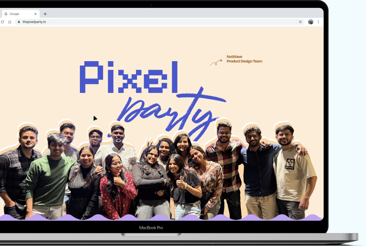 The Pixel Party website, thepixelparty.in, on a laptop: the NxtWave product design team